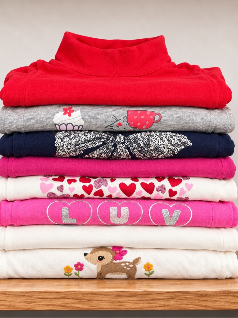 Long Sleeve Kids Tee Stack - Red, Pink, Navy, Gray, White